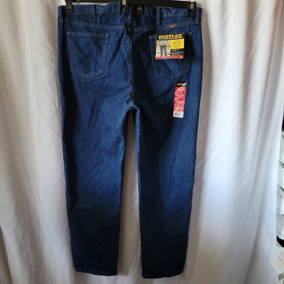NEW Men's Jeans Wrangler Rustler Straight Leg Regular Fit 46 x 32 dark heavy NWT - Picture 2 of 11